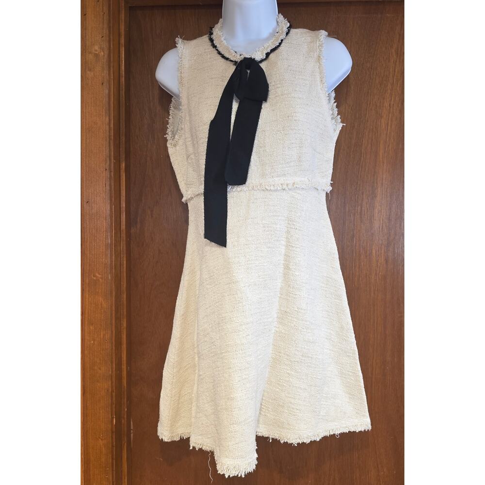 NWT Zara Cream Tweed Dress with‎ Black Bow Detail sz Medium
